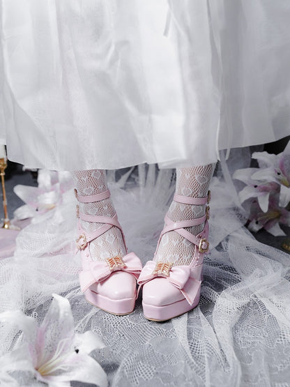 Pink Gothic Lolita Polished Shoes with Butterfly Bow & 10cm Slope Heel - sphenoid