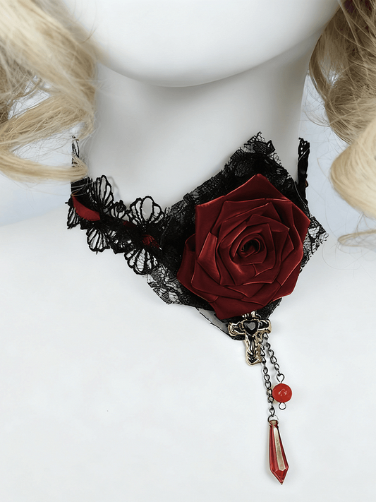 With Red Teardrop-Shaped Wine Choker Metal Gothic Pendants Rose Chains
