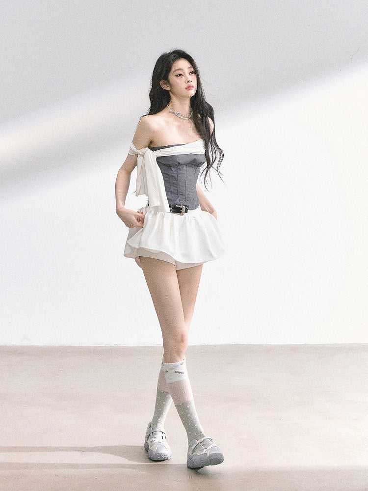 Slim-fitting Straps Top with White Strapless Gray Design Self-tie