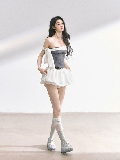 Slim-fitting Straps Top with White Strapless Gray Design Self-tie