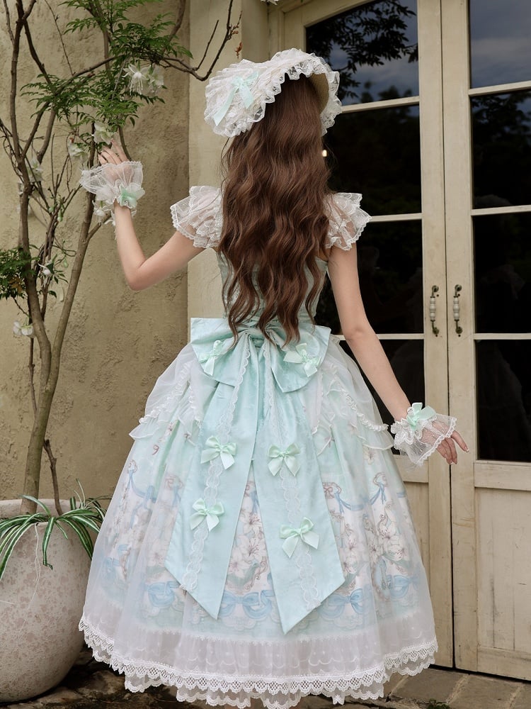 Mint Green Lolita JSK Gown with Lily Print and Tulle Overlay - White Sugar Girl