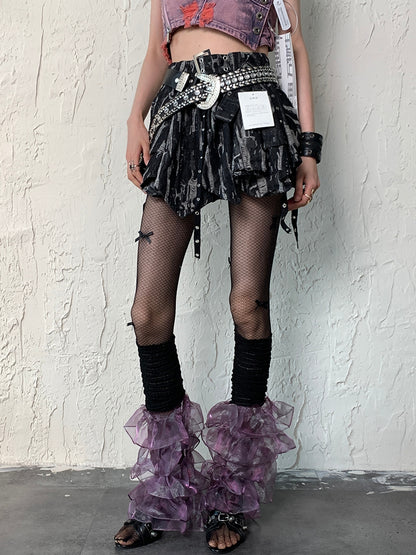 Y2K Ärmel Mehrlagig Schwarz Lila Beinbesatz Spitze
