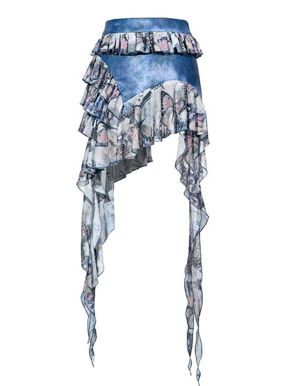グランジパンクロックフェアリースタイルブルーバタフライティアードフリルアシンメトリーヘムパッチワークスカート