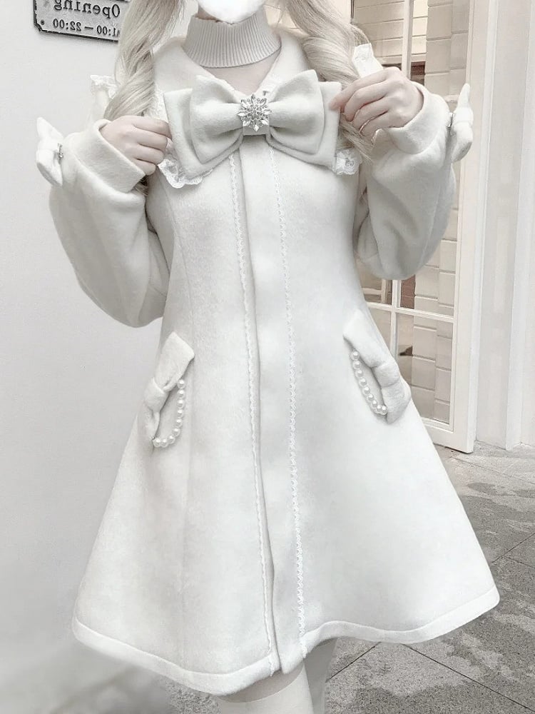 Lace-Detailed Sailor Collar Coat - Jirai Kei Beige Wool Blend with Bow Pockets & Beaded Chain