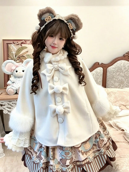 Velvet Lolita Cape in Sweet Beige with Detachable Fur Collar and Bow - Star Fantasy