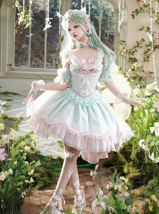 Set Green KC Sleeves Choker Lolita Full Skirt Bow Corset Top Detachable Decorated and Sweet Lace +