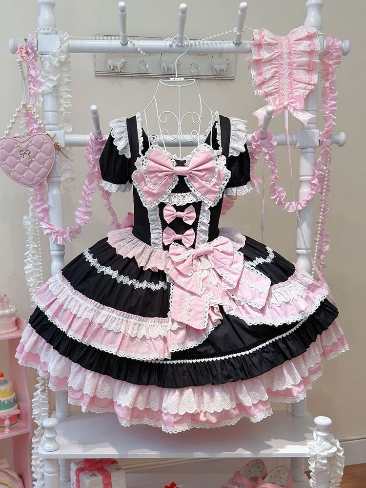 Stück und rosa Ärmel Lolita Schleife Ein Kleid süße kurze Akzente schwarz
