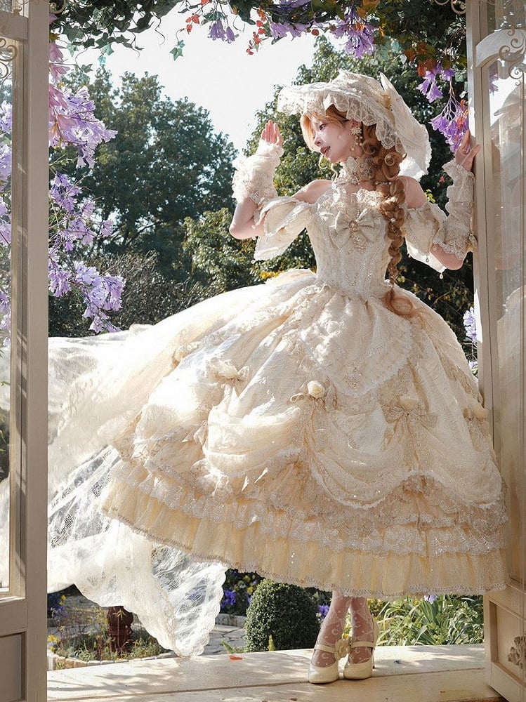 Hime Off-Shoulder Layered Hanayome Ruffles with Gown Lace Details Champagne and Bow Lolita Version Short
