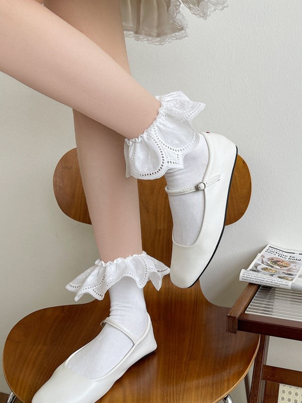 ブラック/ホワイトソックス 花柄 刺繍入り ふくらはぎカフス