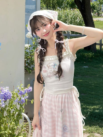 White Ruffled Waist Tank Top Square Neckline Butterfly Print Drawstring