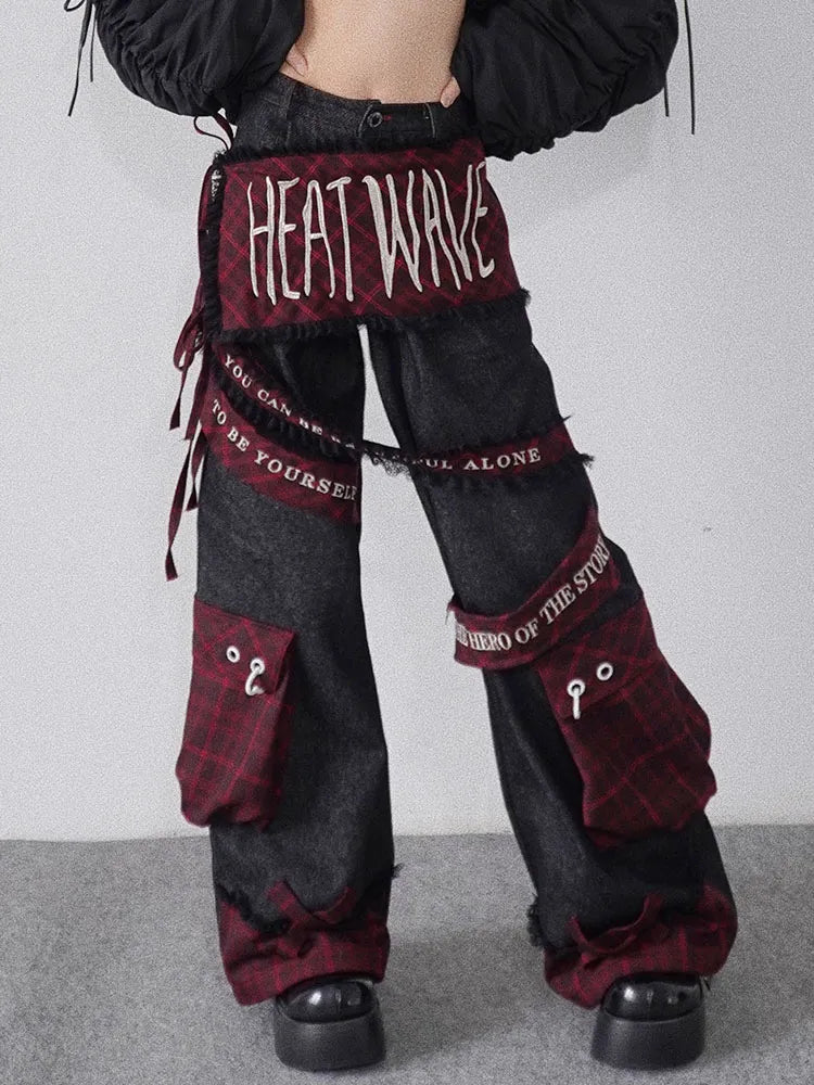 Plaid Black Cargo Pockets with Letters Jeans Embroidery Punk