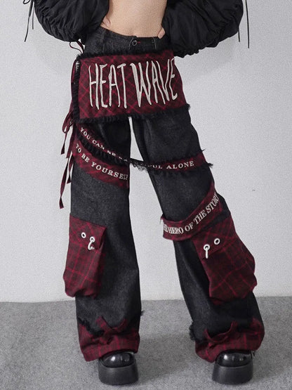 Plaid Black Cargo Pockets with Letters Jeans Embroidery Punk