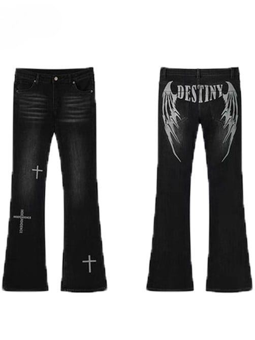 Flare Black Wings Print Y2K Jeans und Silhouette Kreuz