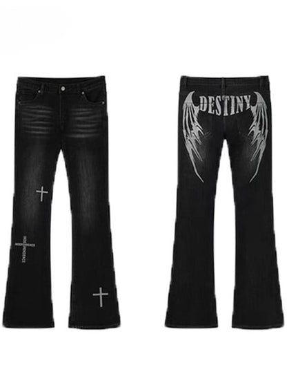フレアブラックウィングプリントY2Kジーンズとシルエットクロス