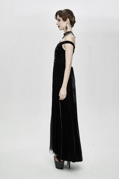 Gothic Queen Velvet Flat Shoulders Lace Up Deep V-Neck Slim Sexy Long Dress