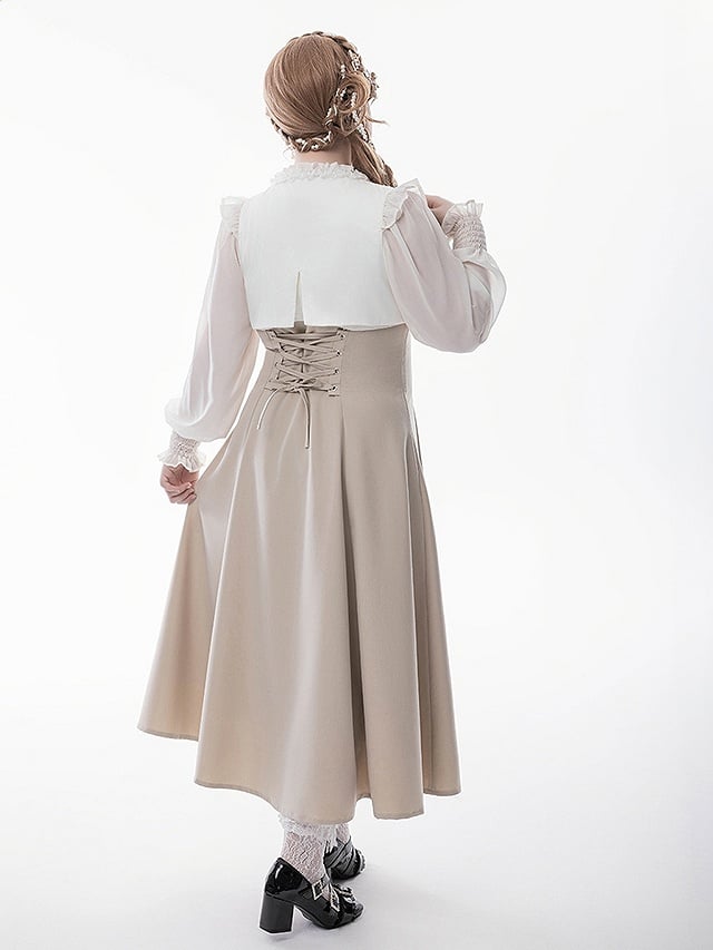 Aesthetic Faux Elegant Clean Design Apricot/Black Two-Piece Maxi Pure Jirai Dress: Kei with