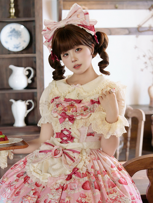 Pink Strawberry Dessert Print Sweet Lolita Bow KC