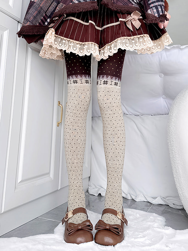 Beige & Brown Retro Snowflake & Polka Dot Pattern Knitted Tights