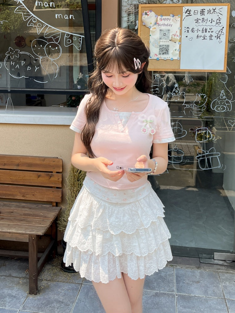 Faux Two-Pieces Pink Cherry Embroidery Sweet Floral T-Shirt