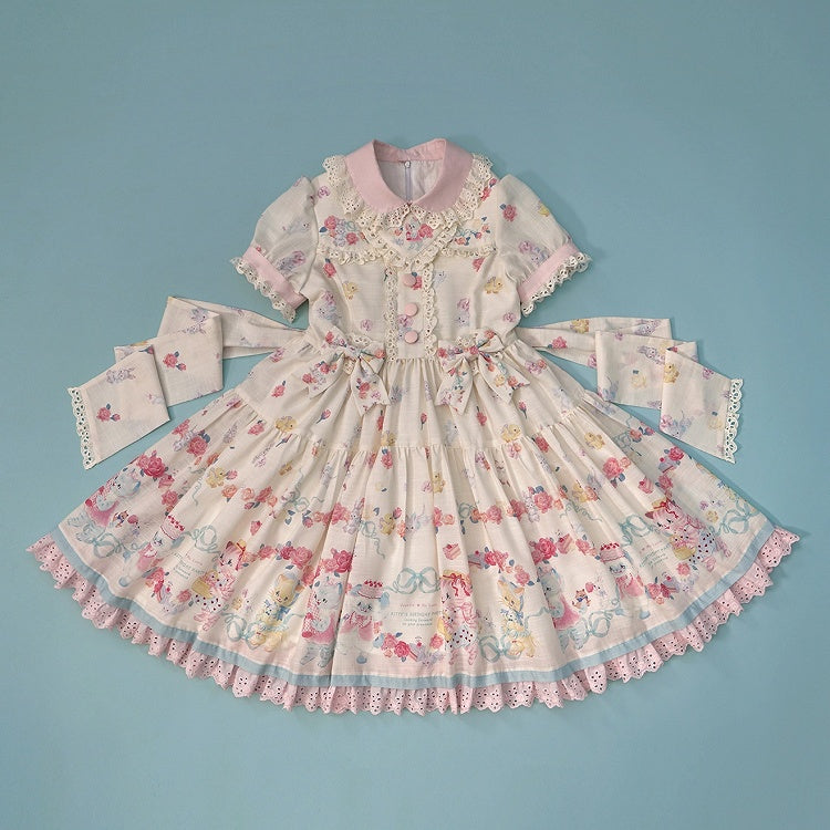 Lolita-Kätzchenkleid mit gewellter Öse und Ärmeln, Aufdruck, cremige süße Verzierungen