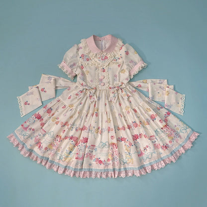 Lolita-Kätzchenkleid mit gewellter Öse und Ärmeln, Aufdruck, cremige süße Verzierungen