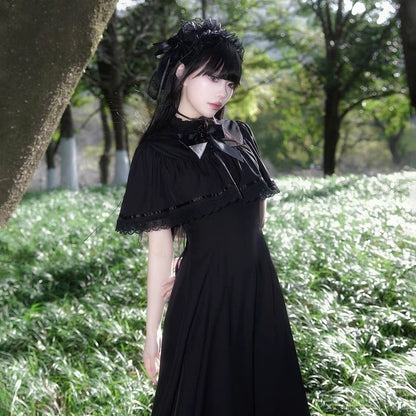 Gothic Lolita French Vintage Lace Cape A-Line Long Dress