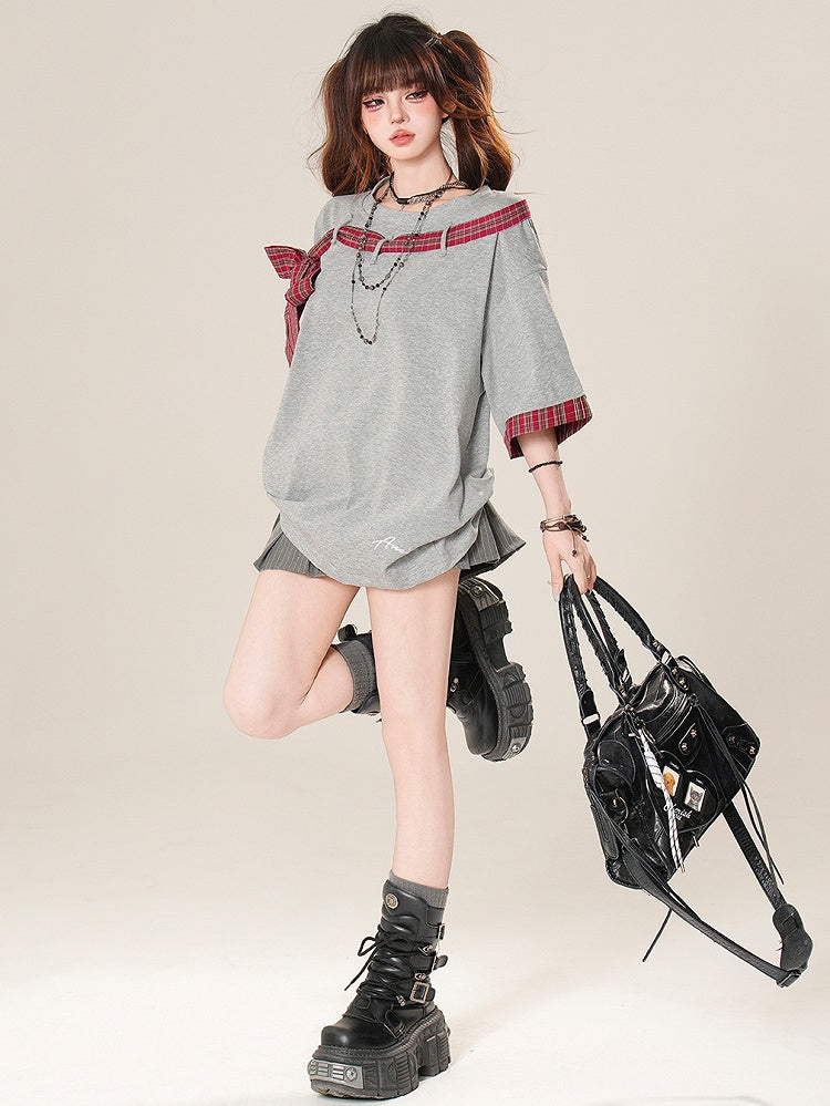 T-shirt Plaid Neckline Pattern Asymmetrical Bowknot Black/Gray
