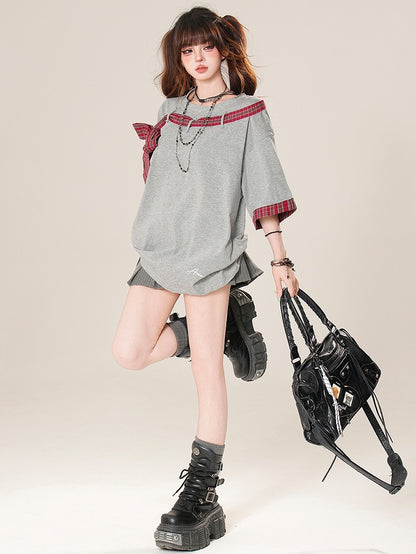 T-shirt Plaid Neckline Pattern Asymmetrical Bowknot Black/Gray