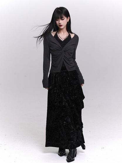 Black / Brown Velvet Maxi Skirt with Asymmetric Pleats and Cascading Ruffle Trim