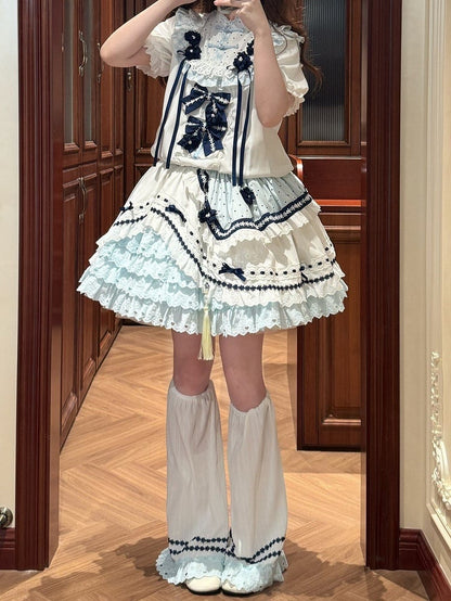 and White Banded Lolita Han Accents Blue Flower Collar Bow Dress with Puff Sleeves