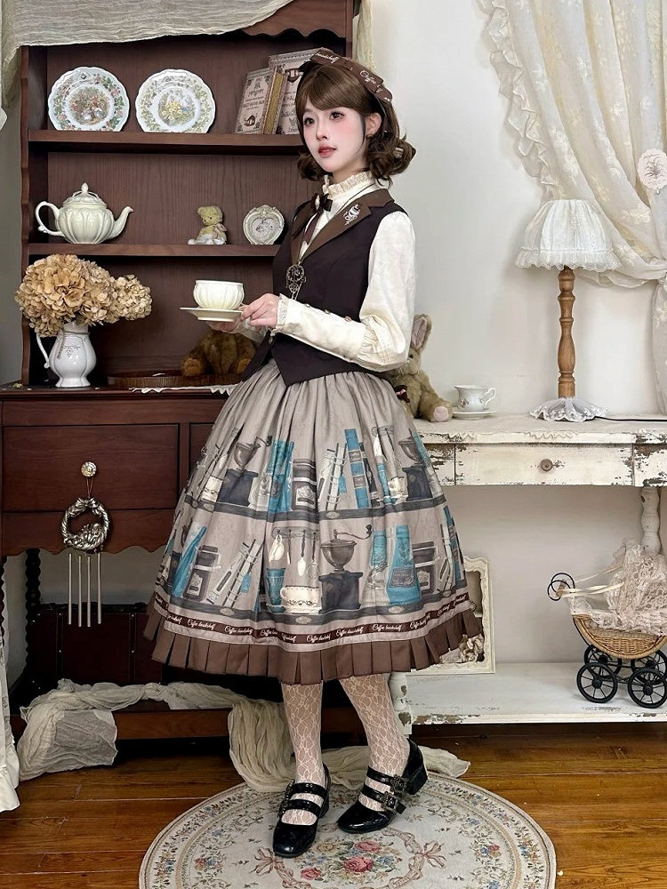 Gray Brown Coffee Cup Bookshelf Print Elegant Skirt Ruffled Hem - Dream Whale