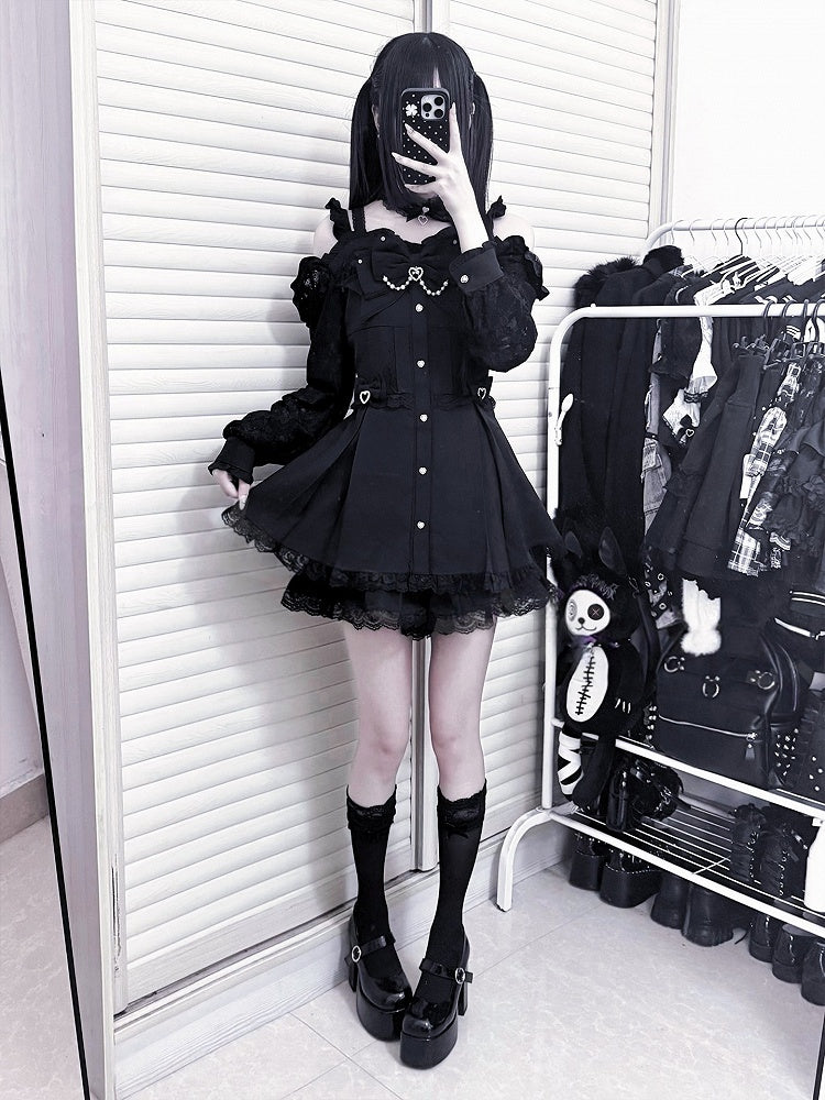 Dress Set Choker Jirai Cutout Bow Bowtie Bead Lace Chain Shorts Shoulder + Long-Sleeve Black Kei