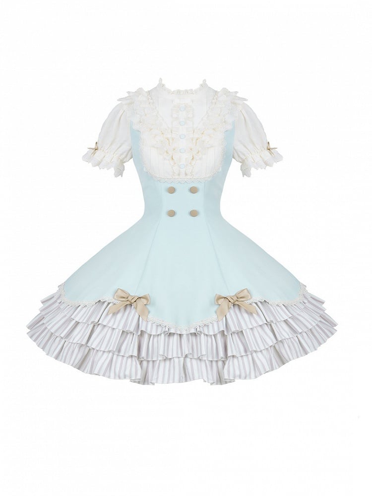 Puff-Sleeve Short Dress in Beige and Blue with Scalloped Hem and Bows - With PUJI