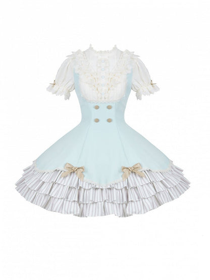 Puff-Sleeve Short Dress in Beige and Blue with Scalloped Hem and Bows - With PUJI