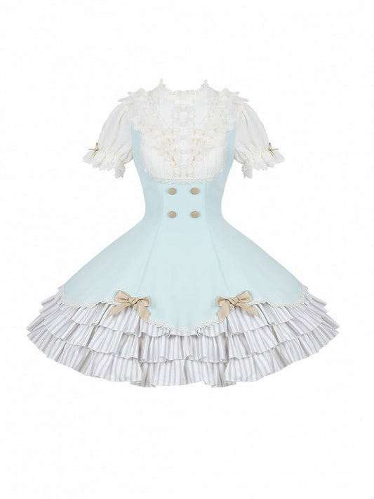 Puff-Sleeve Short Skirt Dress in Beige and Blue with Scalloped Hem and Layers - With PUJI