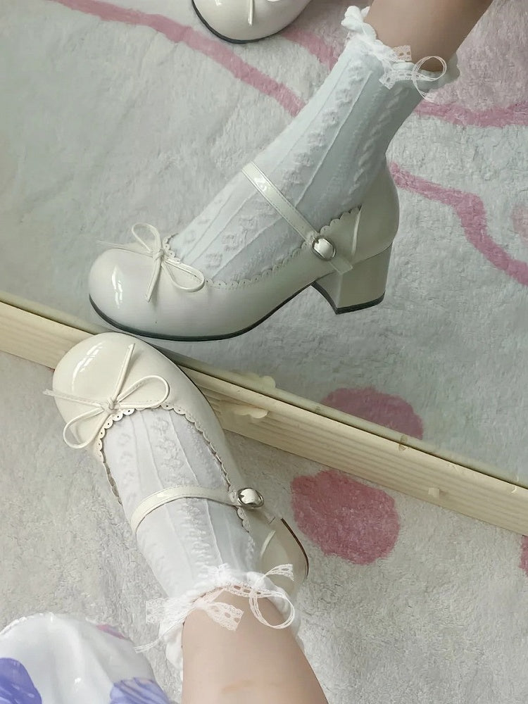 White 5cm Lolita Janes Mary Bow Scalloped Sweet Trim with Mid-heel Accents