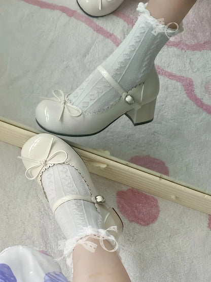 White 5cm Lolita Janes Mary Bow Scalloped Sweet Trim with Mid-heel Accents