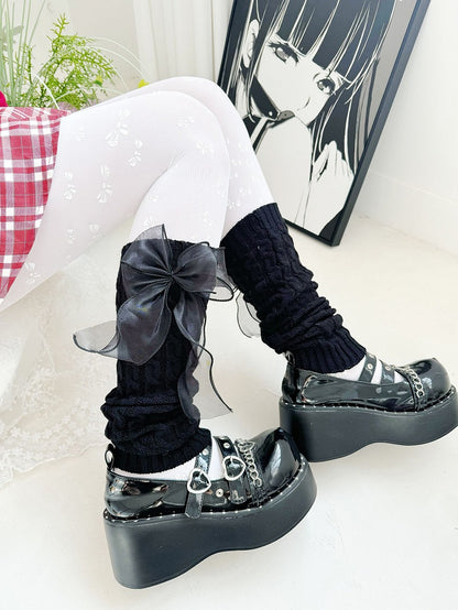 Schwarz/Weiße Lolita-Beinwärmer mit Organza-Schleife