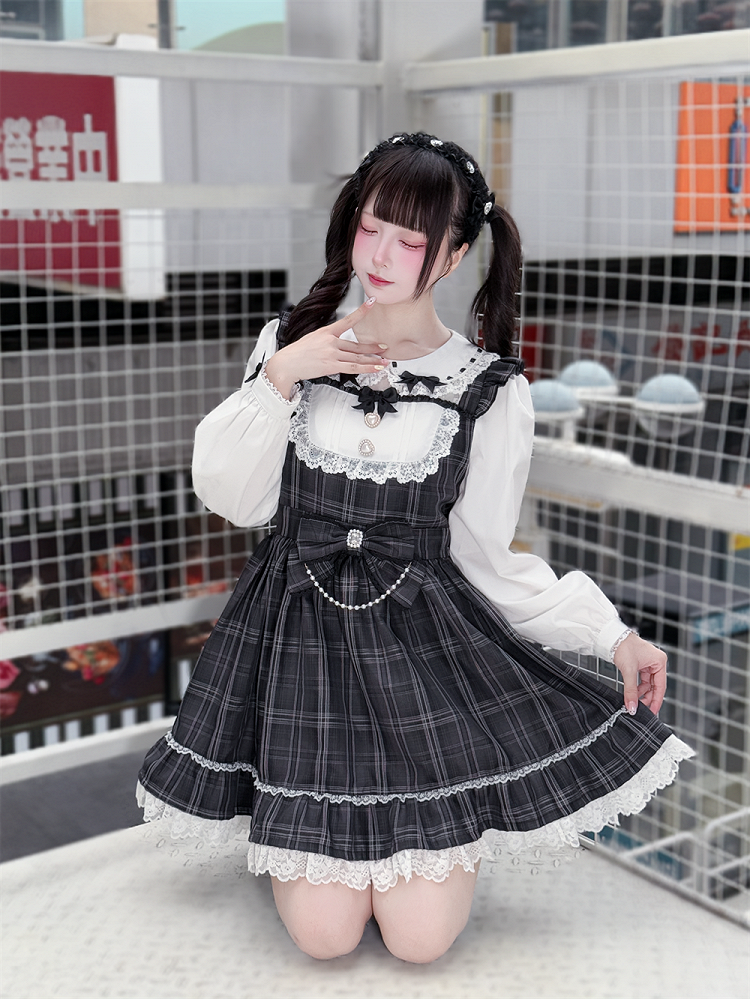 Waist Bow Jirai Dress: Pan Peter Gray Big with Academia Vintage Kei Collar Plaid