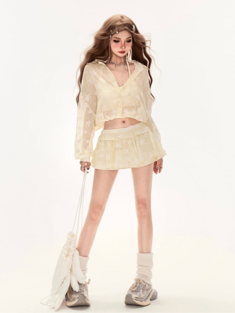 ウエストミニスカート イエロー オールオーバー ドローストリング スタープリント