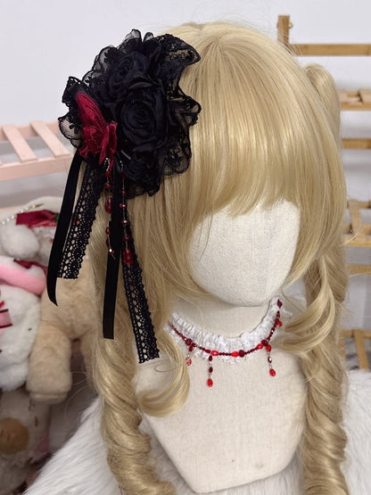 Floral Charms Decorated Red Bead Rose Butterfly With Black Hairclip