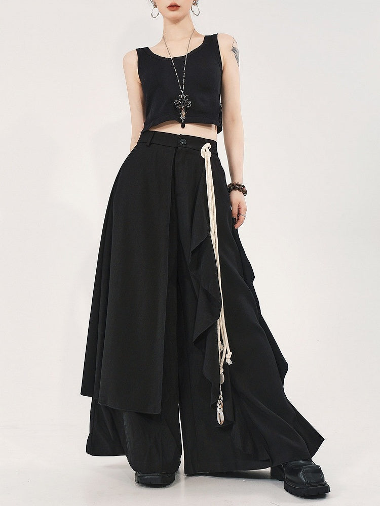 with Asymmetrical Skort Waistband Partial Design Black Elastic High-waisted