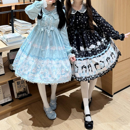 Peter Pan Collar Sweet Lolita Black Long Sleeves Dress with Bunny and Snowflake Print