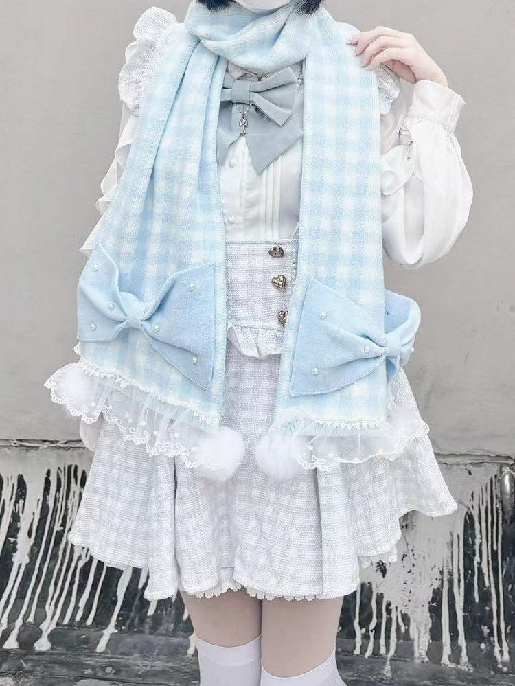 Scarf Trim Beaded and Kei Jirai Blue Plaid Pompons Bowknots White Light Lace with