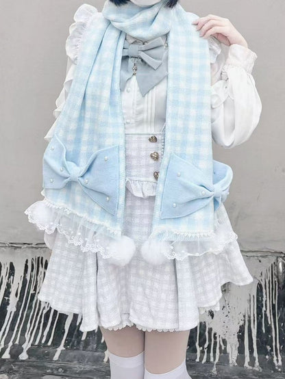 Scarf Trim Beaded and Kei Jirai Blue Plaid Pompons Bowknots White Light Lace with