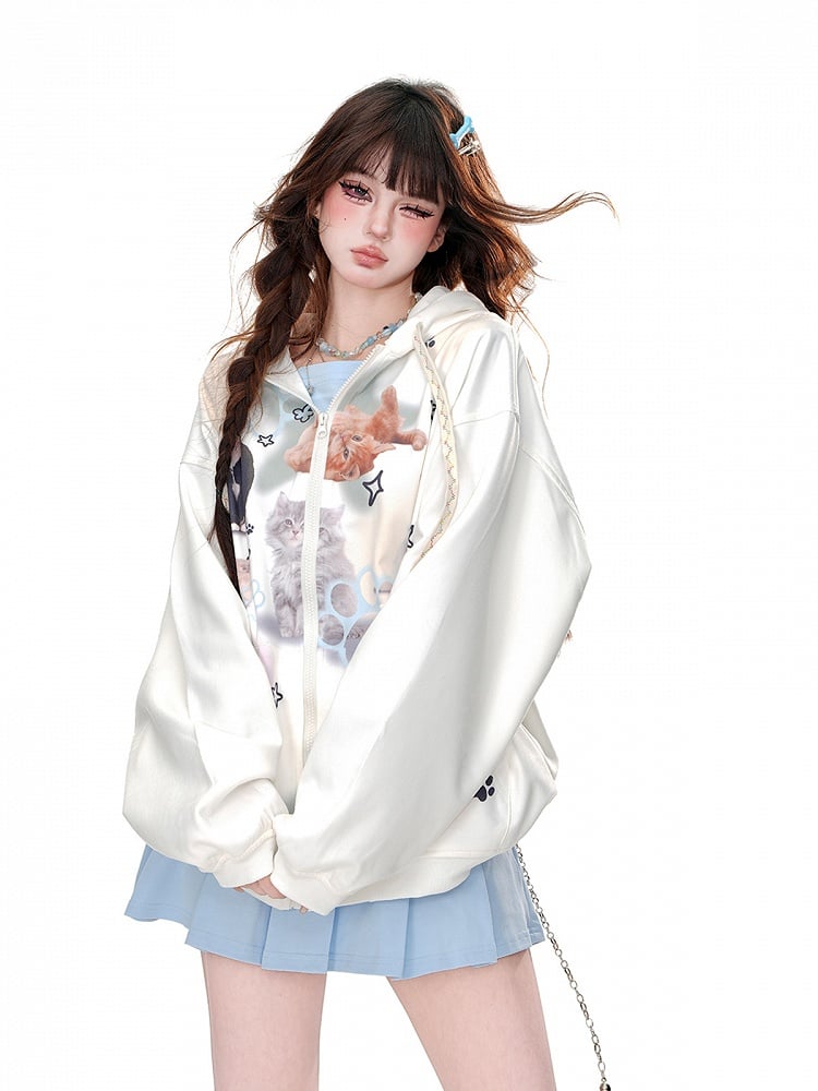 Weiß/Blau Kitty Lockerer Hoodie mit Reißverschluss