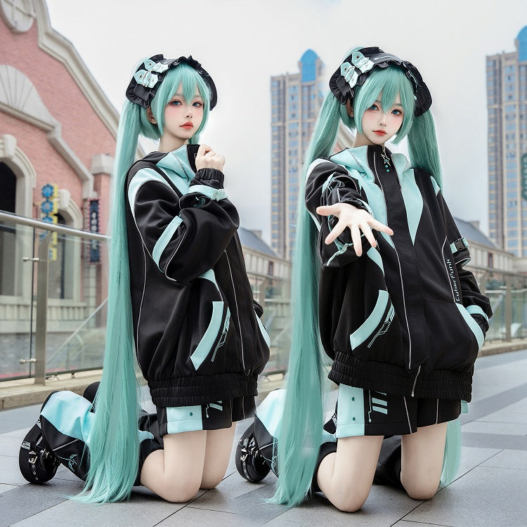 Black and Green Cyberpunk Jirai Kei Outfit - Hooded Jacket Shorts Leg Warmers Headpiece Full Set