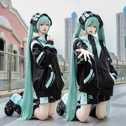 Black and Green Cyberpunk Jirai Kei Outfit - Hooded Jacket Shorts Leg Warmers Headpiece Full Set