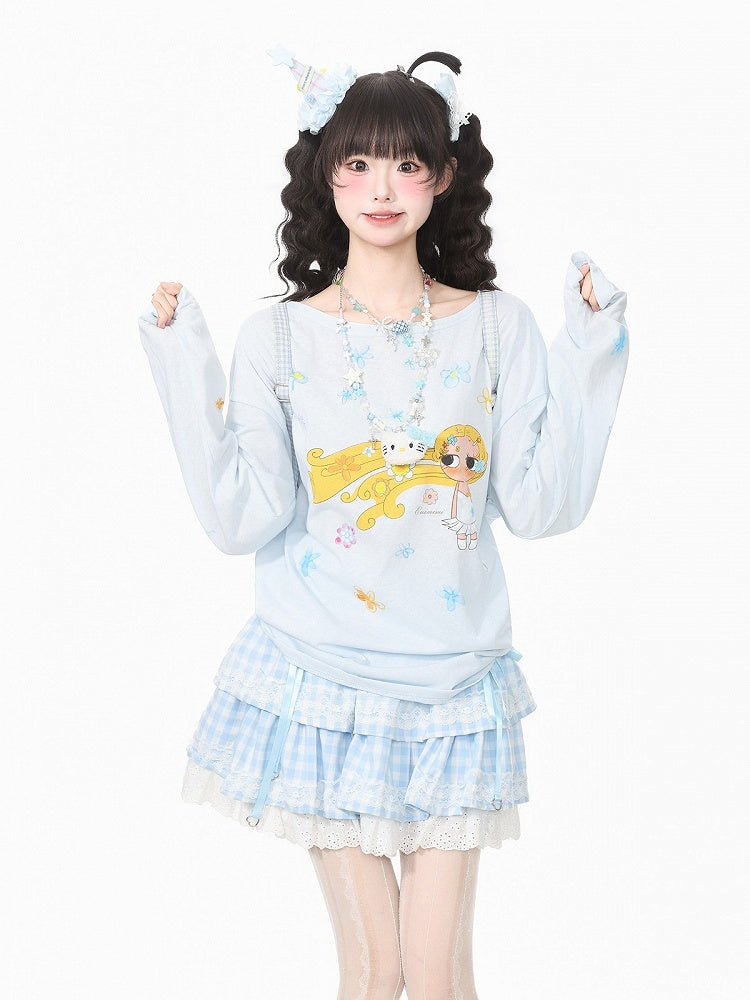 Blue Breathable Long Sleeve Top with Cartoon Girl Print - Languid Park
