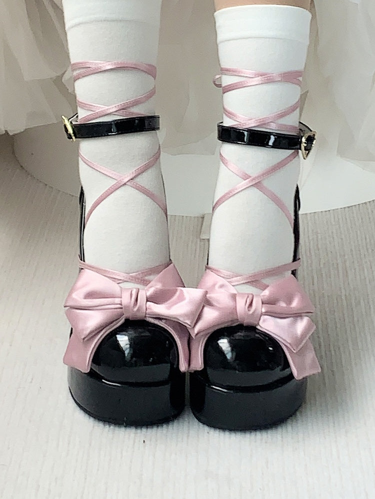 Sweet Pink Mary Black with - Lolita PU Block Platform Heel Bow Top Janes High